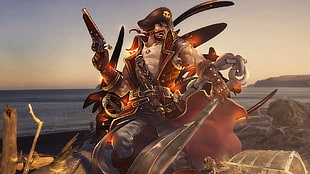 man holding gun and sword illustration, Gangplank, pirates, orange, League of Legends