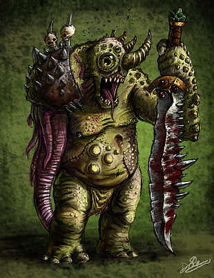 green monster holding sword illustration, Warhammer 40,000, video games, artwork, creature HD wallpaper