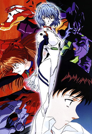 white, red, and blue floral textile, Neon Genesis Evangelion