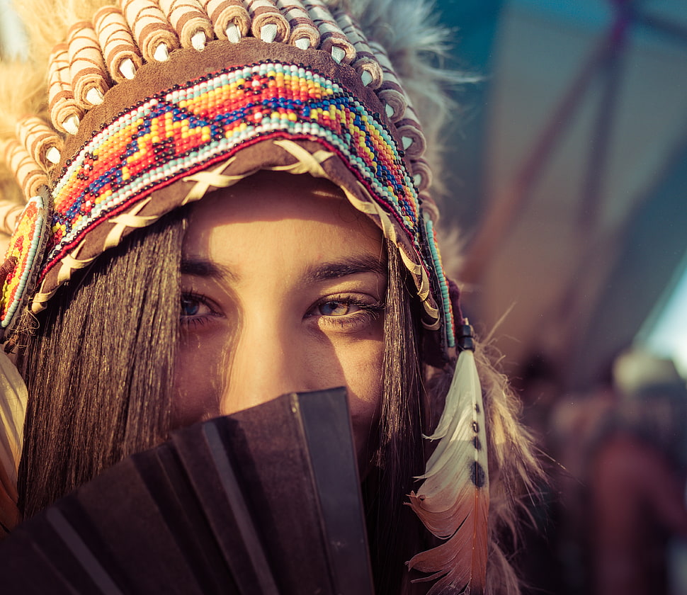 woman in multicolored native american hat during daytime HD wallpaper