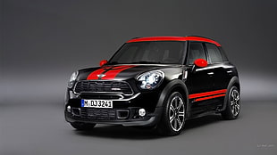 black and red striped Mini Cooper hatchback, car