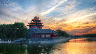 red and gray oriental temple, house, water, trees, reflection HD wallpaper