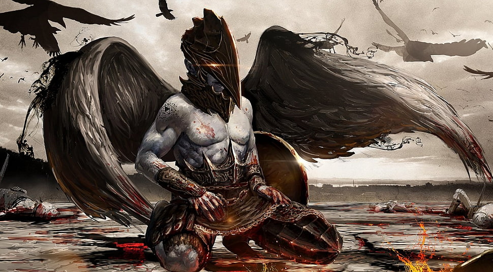 person with wing illustration, artwork, fantasy art, blood HD wallpaper