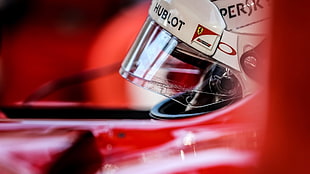 black and white motorcycle helmet, Sebastian Vettel, Ferrari F1 HD wallpaper