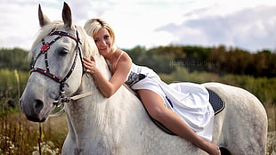 women's white sleeveless slit dress, women, blonde, horse, dress