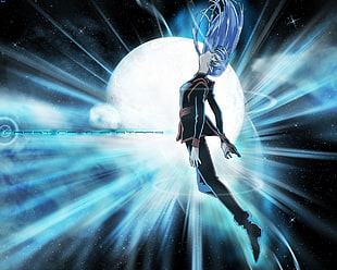 blue haired anime character girl wearing black uniform beside moon digital wallpaper