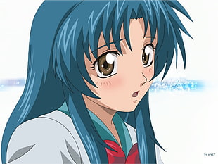 blue haired female anime character digital wallpaper