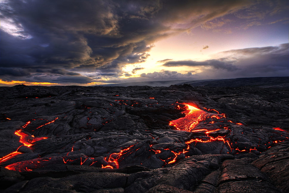 volcano, landscape, lava, volcano, clouds HD wallpaper