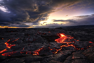 volcano, landscape, lava, volcano, clouds HD wallpaper