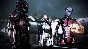 black and white steel suits, video games, Mass Effect, Liara T'Soni, Commander Shepard HD wallpaper