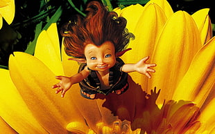 red haired figurine, yellow, flowers, graffiti, Kid Cudi