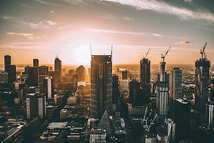 aerial photography of high rise buildings during golden hour, cityscape, Melbourne, cranes (machine), Australia HD wallpaper