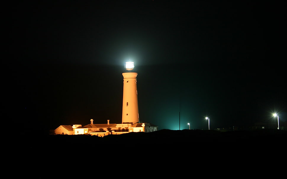 white lighthouse, lighthouse, night, landscape, lights HD wallpaper