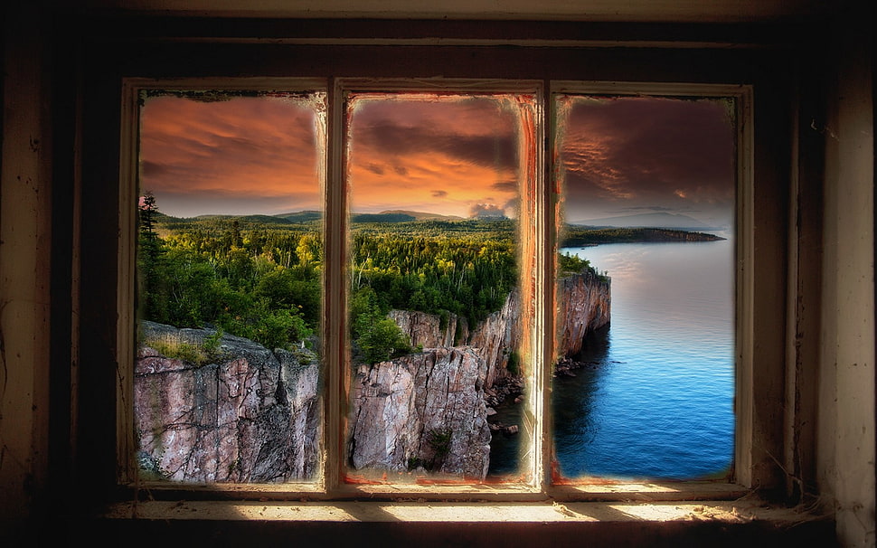 white 3-pane window, landscape, nature, window, lake HD wallpaper