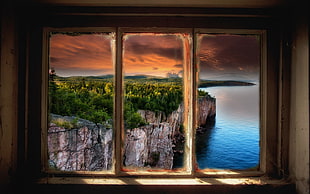 white 3-pane window, landscape, nature, window, lake