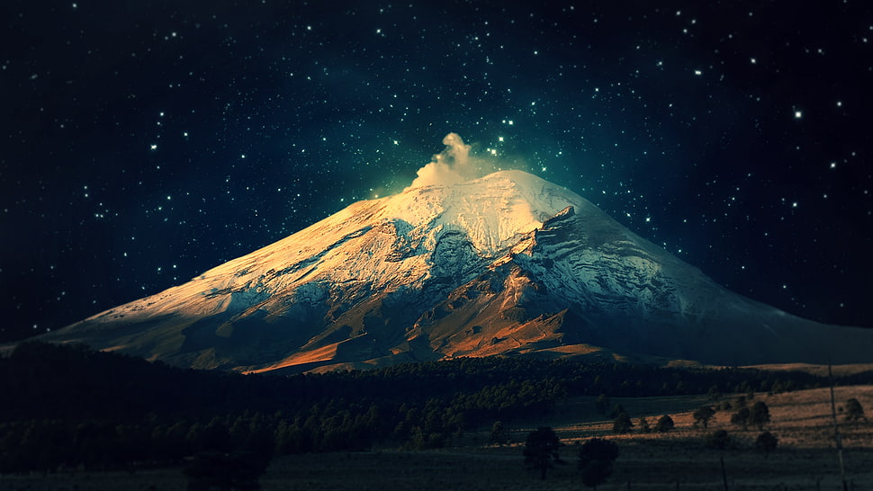 snow-capped mountain under stars HD wallpaper