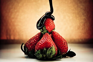 four strawberries with chocolate, strawberries, food, berries