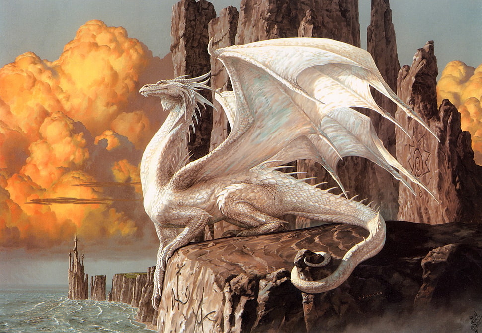 silver dragon on brown rock formation poster, dragon, Argentina, landscape, Ciruelo Cabral HD wallpaper