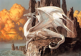 silver dragon on brown rock formation poster, dragon, Argentina, landscape, Ciruelo Cabral
