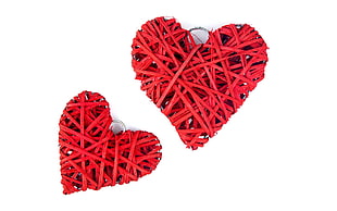 two heart-shaped red accessories, love, heart HD wallpaper