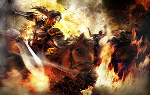 man riding a brown horse holding a sword 3D wallpaper HD wallpaper