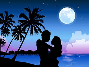silhouette of man and woman near beach