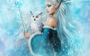 woman in blue dress holding white owl digital wallpaper