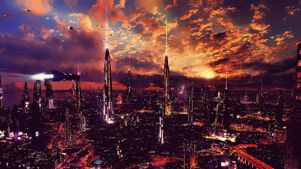 cityscape view of city during nighttime, night, artwork, futuristic city, science fiction HD wallpaper
