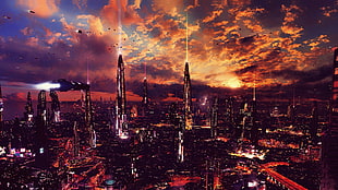 cityscape view of city during nighttime, night, artwork, futuristic city, science fiction