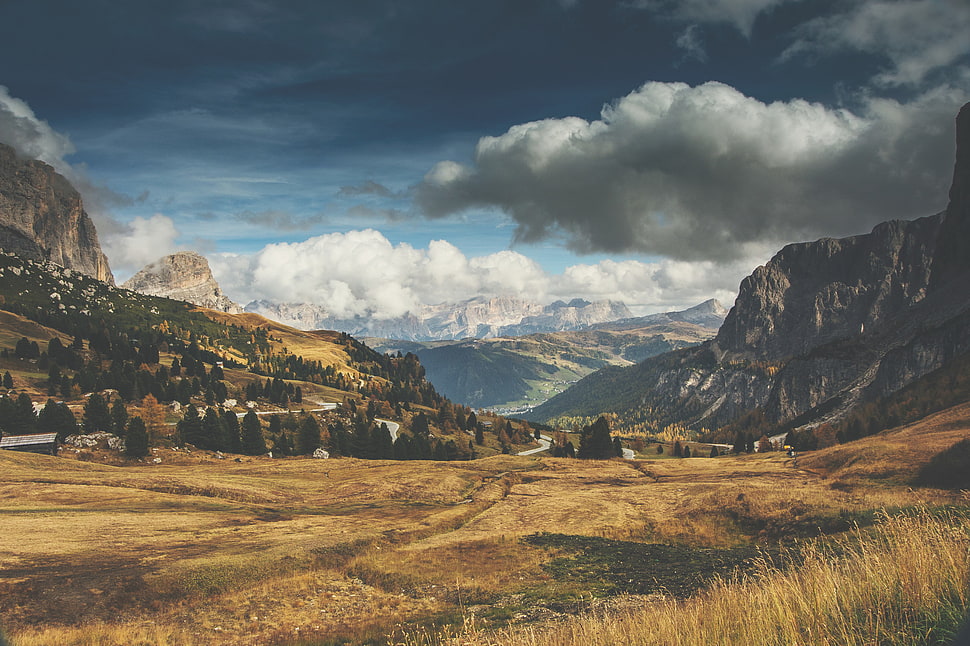 black and brown mountain, landscape, nature, mountains, clouds HD wallpaper