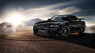 black Nissan GTR, car, Nissan, Skyline R34, Nissan Skyline GT-R R34 HD wallpaper
