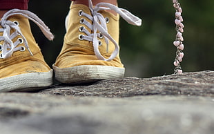 person wearing pair of yellow low-top sneakers HD wallpaper
