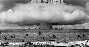 grayscale photo of mushroom clouds HD wallpaper