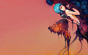 blue and red flower painting, wings, blue hair, drawing, corset HD wallpaper