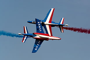 two white-red-and-blue Armee Del Air plates, airshows, airplane, Patrouille de France, aircraft
