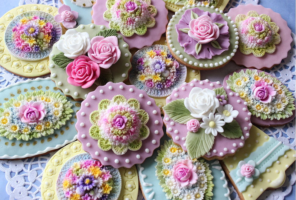 purple green and pink floral biscuits HD wallpaper