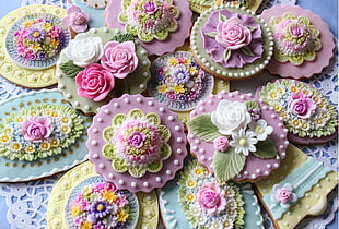purple green and pink floral biscuits