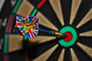 black and brown darthboard with dart on bulls eye