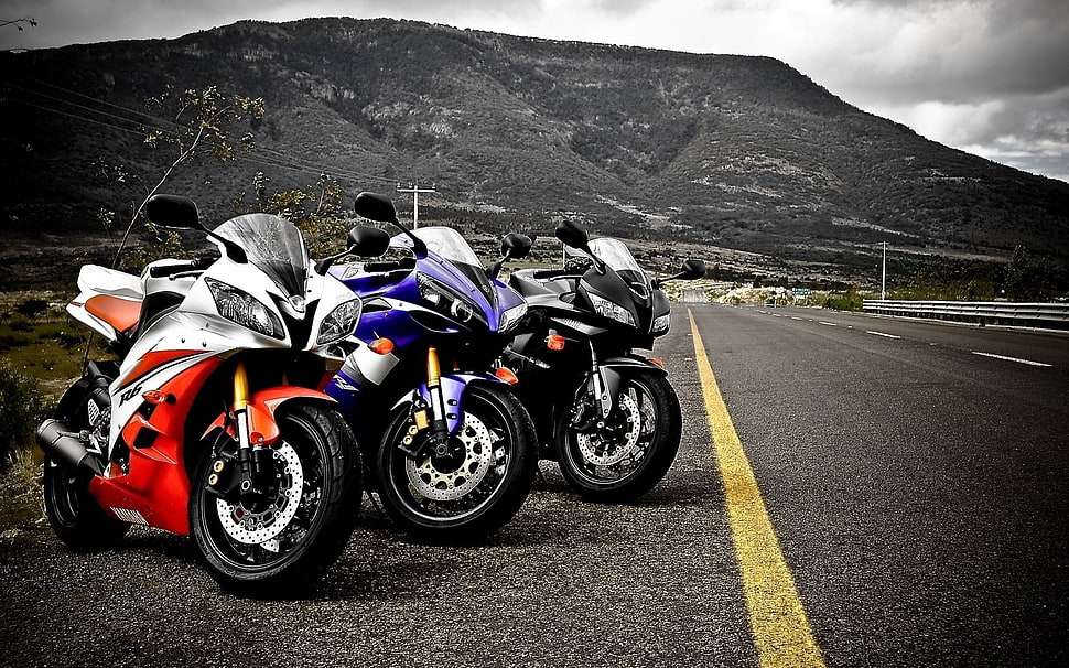 three assorted-color sports bikes, motorcycle, road HD wallpaper