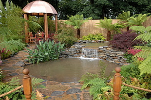 outdoor garden with fountain at daytime HD wallpaper