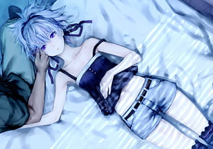 blue-haired girl wearing blue camisole and blue short shorts anime character HD wallpaper