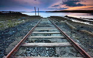 brown and white wooden bed frame, landscape, railway