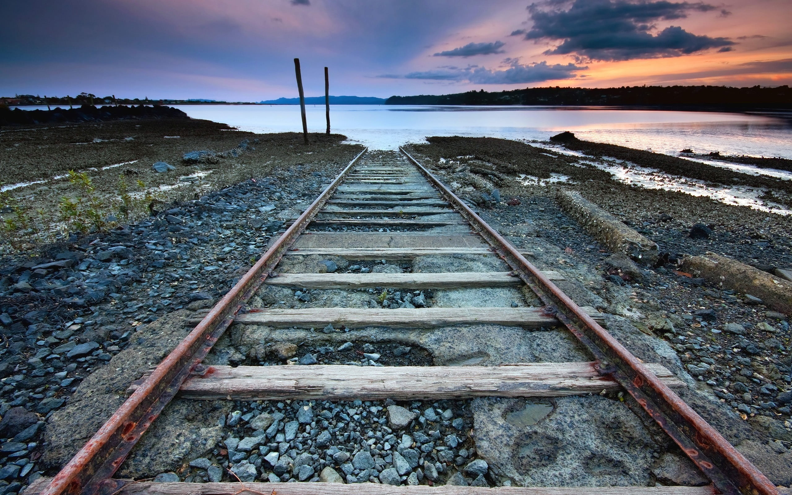 brown and white wooden bed frame, landscape, railway