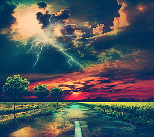 gray pave road near grass field, landscape, road, lightning, storm