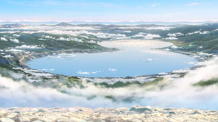 lake near mountains, Makoto Shinkai , Kimi no Na Wa, anime HD wallpaper