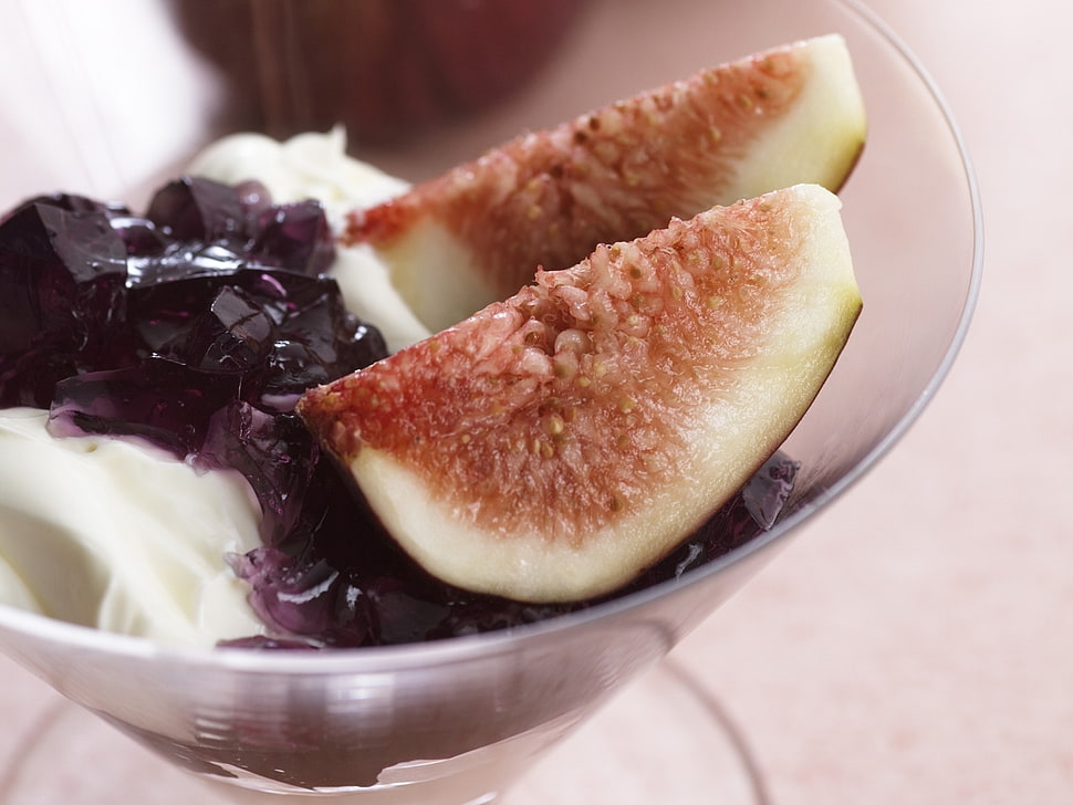 fruit slices with cream in bowl HD wallpaper