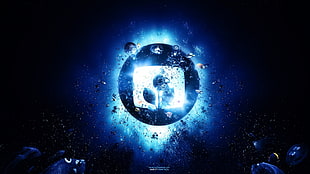 blue leaf logo, abstract, blue, Desktopography, digital art HD wallpaper