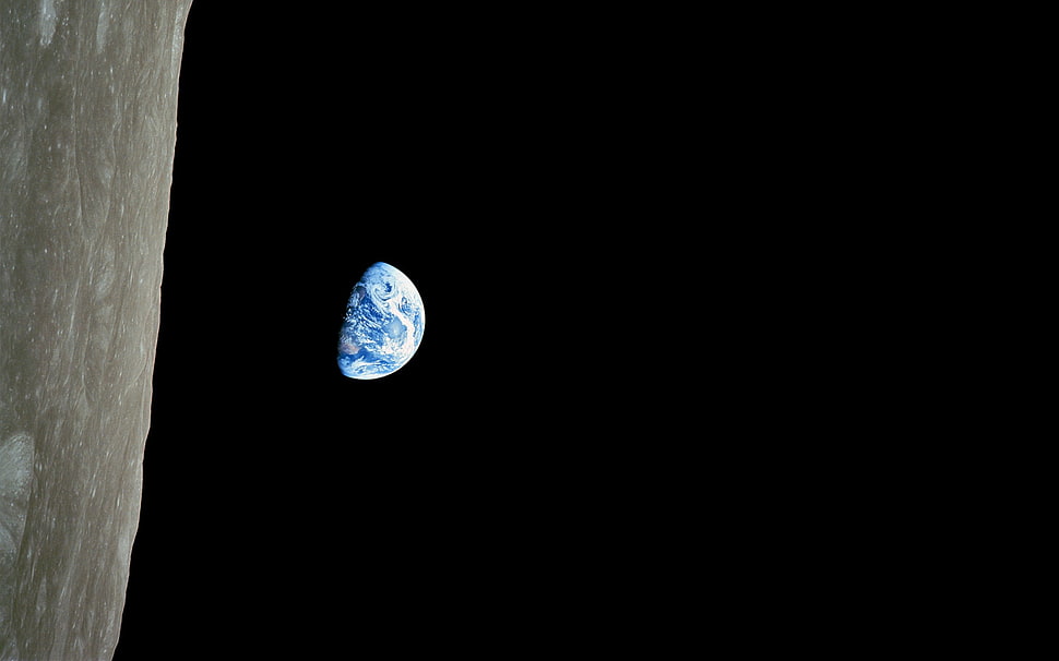 silver and blue gemstone ring, Earth, Moon, space HD wallpaper