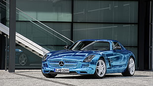 silver-blue Mercedes-Benz AMG coupe, Mercedes SLS, car