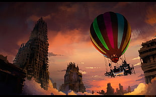 hot-air balloon digital wallpaper, artwork, apocalyptic, balloon, ruin